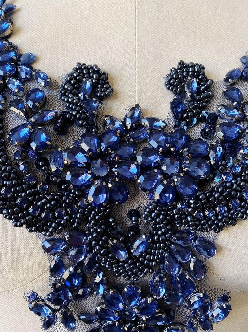 wtbvn Handmade Rhinestones lace Applique handsewing Beads Trim Patches Neckline for Dress Clothes Accessory (Deepblue) - Image 2